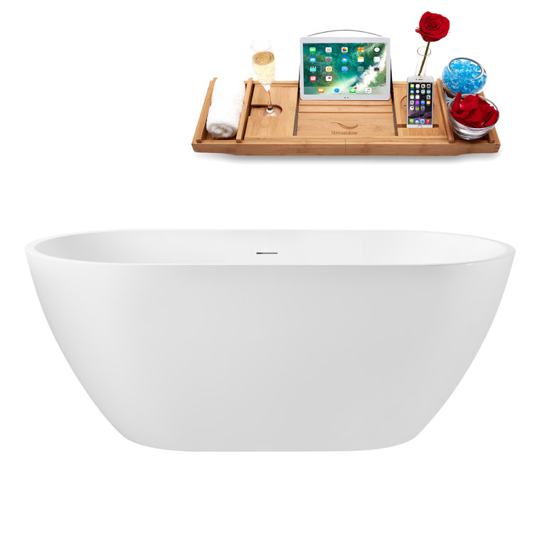 59" Glossy White Acrylic Freestanding Soaking Tub with Tray