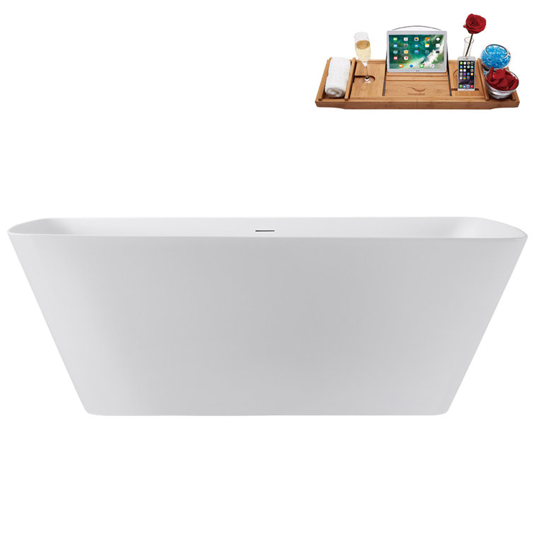 59" Glossy White Acrylic Freestanding Tub with Brushed Gold Trim