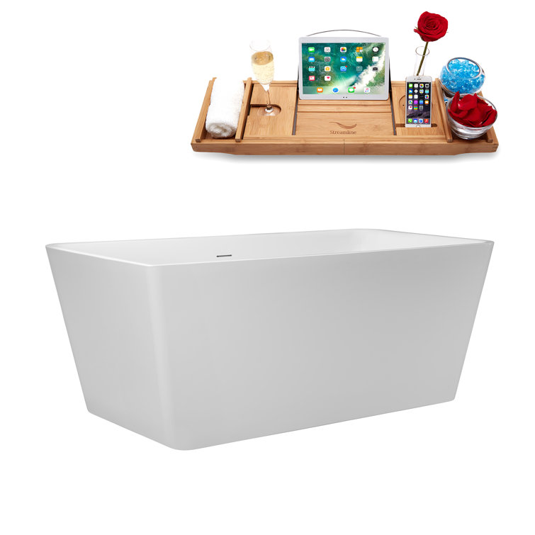 59" Glossy White Acrylic Freestanding Soaking Tub with Bamboo Tray