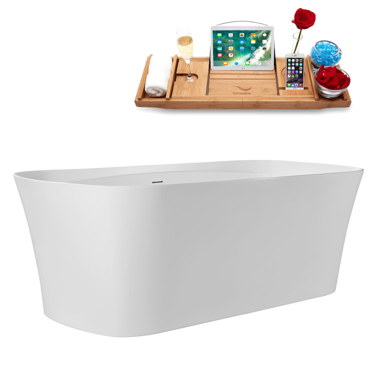 67" Glossy White Acrylic Freestanding Soaking Tub with Bamboo Tray