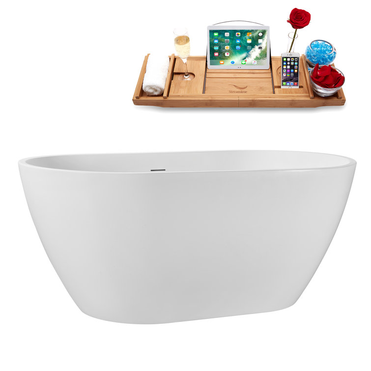 55" Glossy White Acrylic Freestanding Soaking Tub with Tray