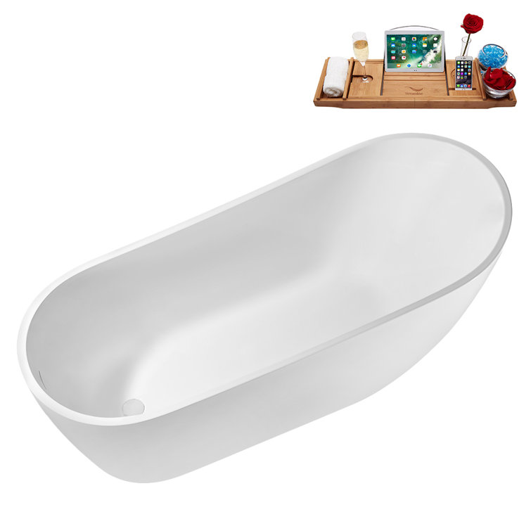 67" Glossy White Acrylic Freestanding Soaking Tub with Tray