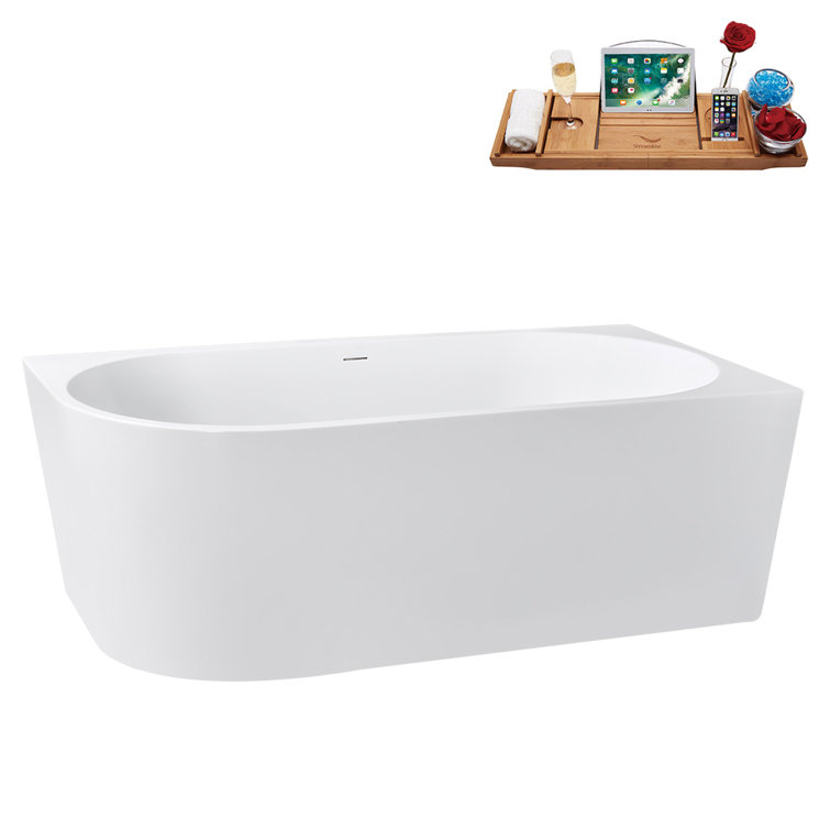 67" Glossy White Acrylic Freestanding Soaking Tub with Tray