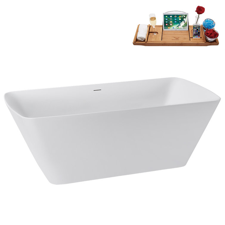 59" Glossy White Acrylic Freestanding Tub with Brushed Gold Trim