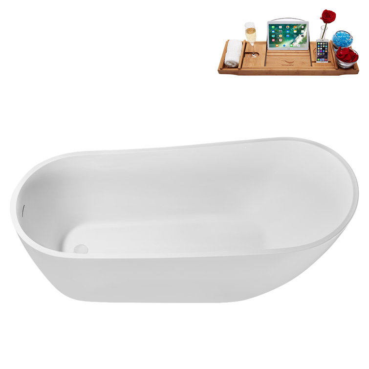 67" Glossy White Acrylic Freestanding Soaking Tub with Tray