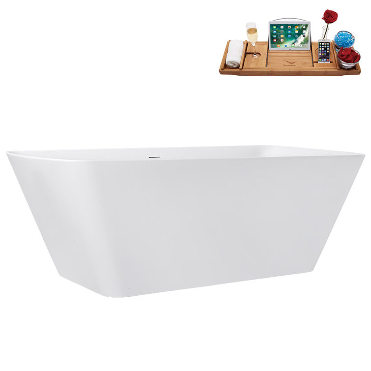 59" Glossy White Acrylic Freestanding Tub with Brushed Gold Trim