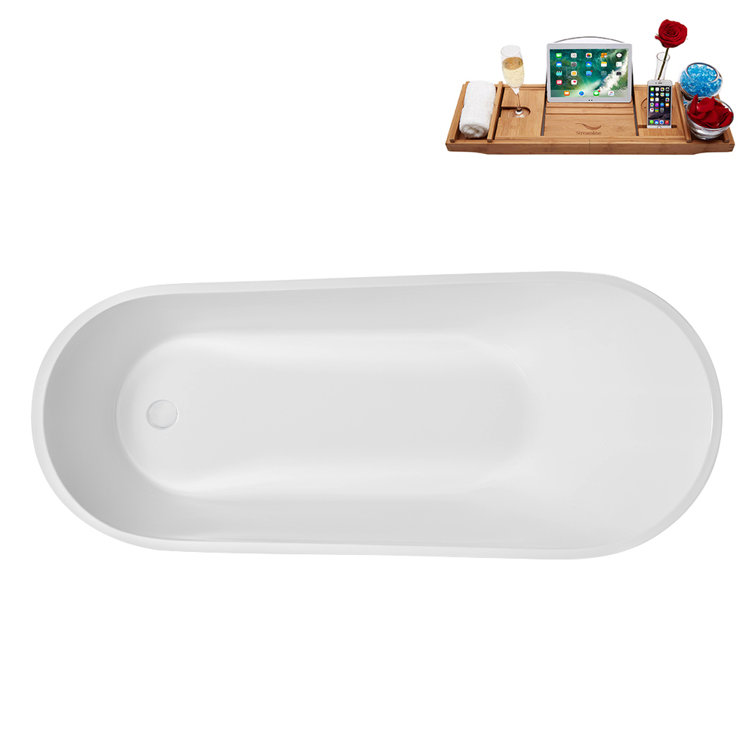 67" Glossy White Acrylic Freestanding Soaking Tub with Tray
