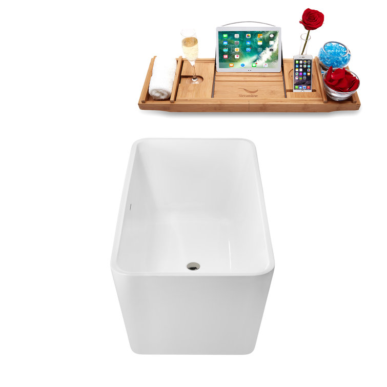 59" Glossy White Acrylic Freestanding Soaking Tub with Bamboo Tray