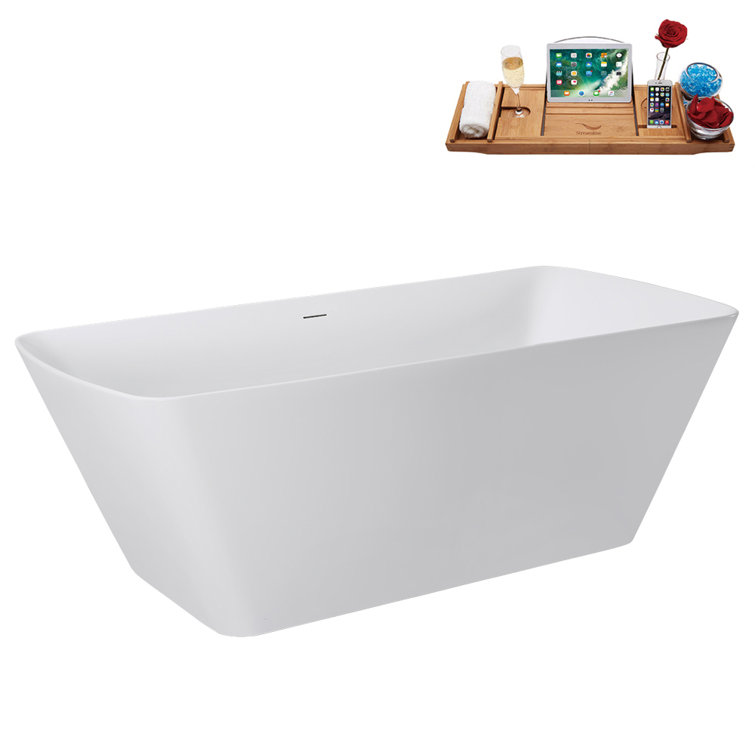 59" Glossy White Acrylic Freestanding Tub with Brushed Gold Trim