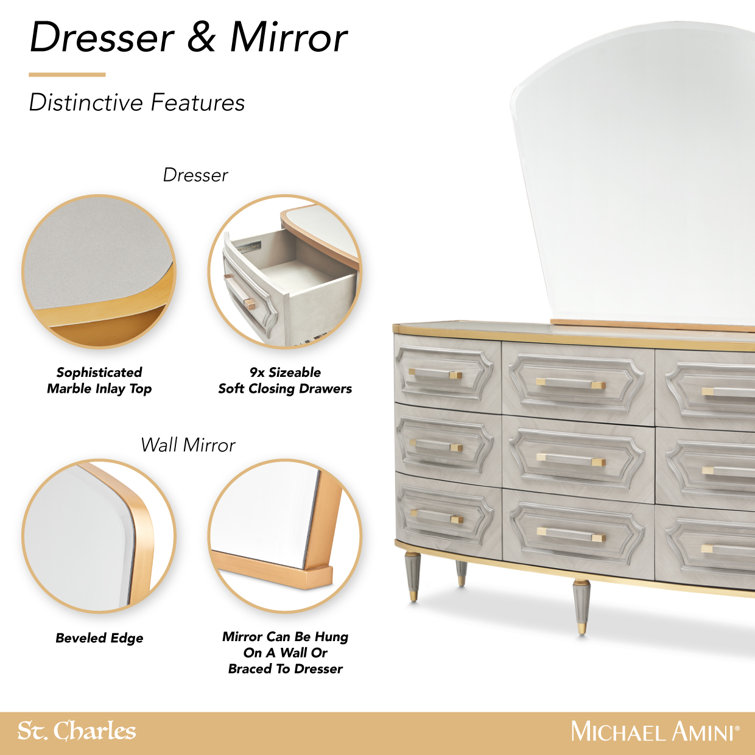 Gray Mid-century Dresser with Mirror and Soft Close Drawers