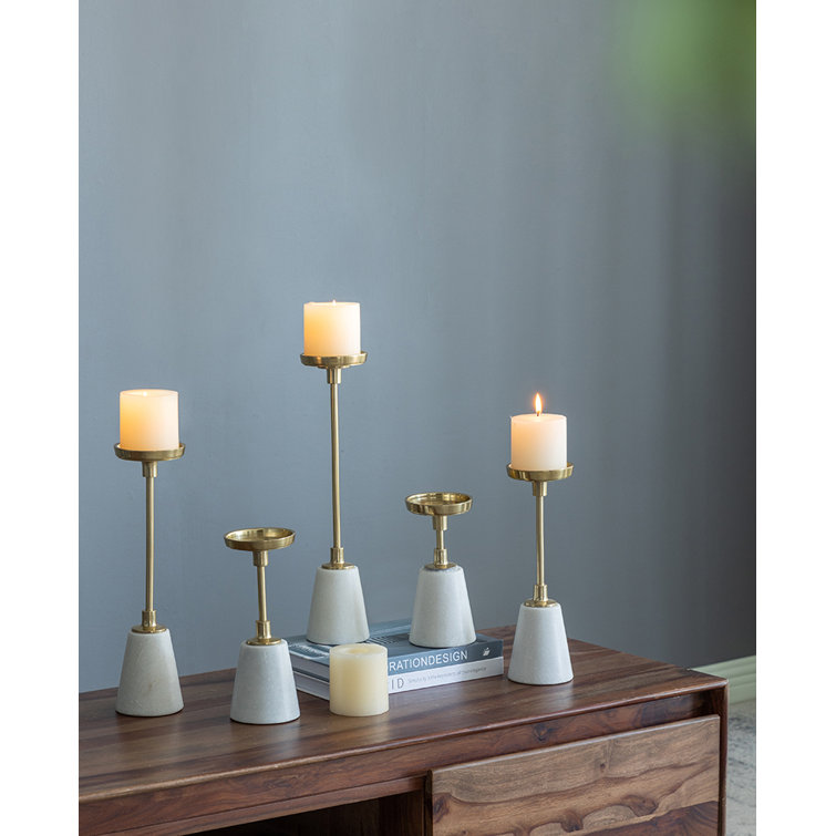Set of 5 Gold and Marble Taper Candleholders
