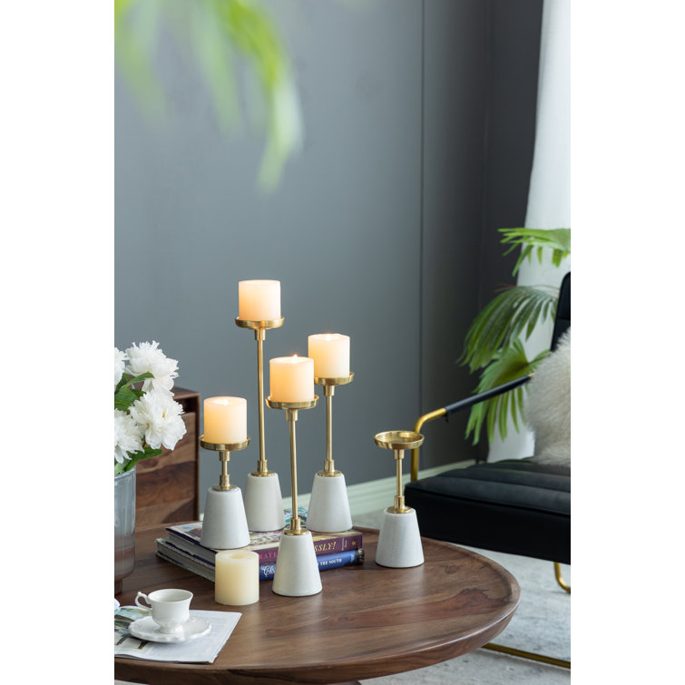 Set of 5 Gold and Marble Taper Candleholders