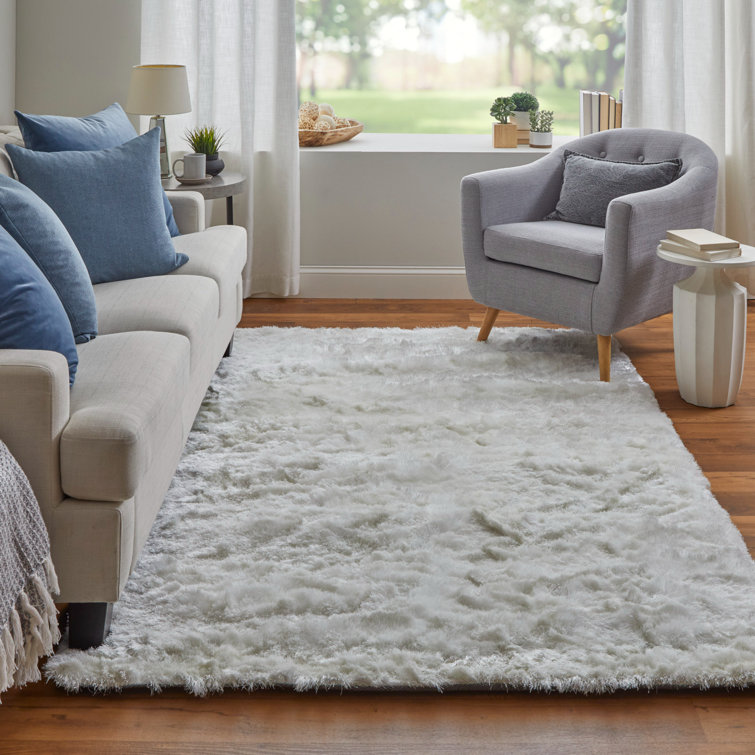 Freya Luxe White Shag Area Rug, Hand-Tufted with Viscose Sheen, 7'6" x 9'6"
