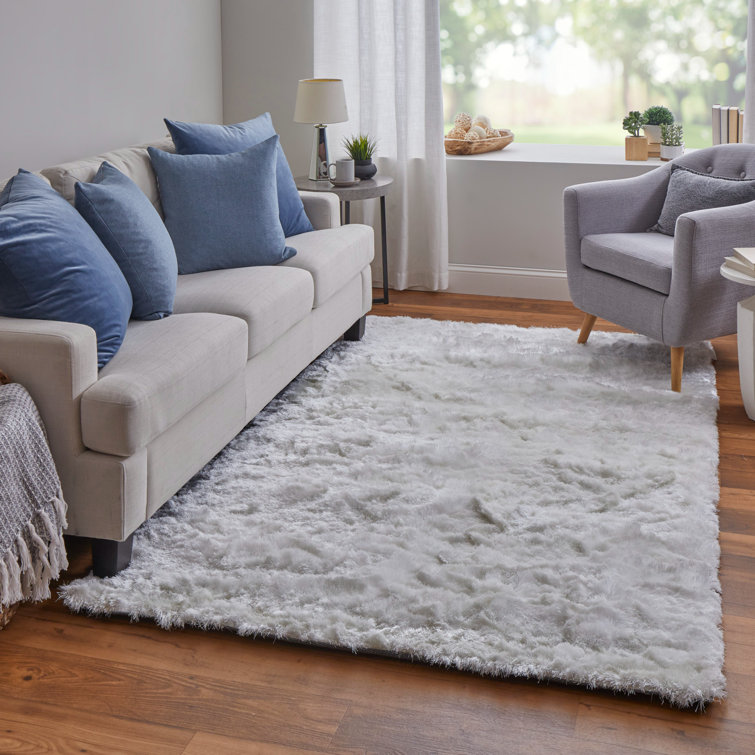 Freya Luxe White Shag Area Rug, Hand-Tufted with Viscose Sheen, 7'6" x 9'6"