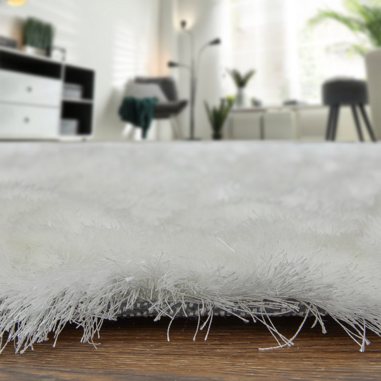 Freya Luxe White Shag Area Rug, Hand-Tufted with Viscose Sheen, 7'6" x 9'6"
