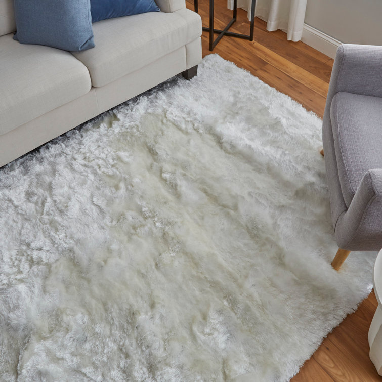Freya Luxe White Shag Area Rug, Hand-Tufted with Viscose Sheen, 7'6" x 9'6"
