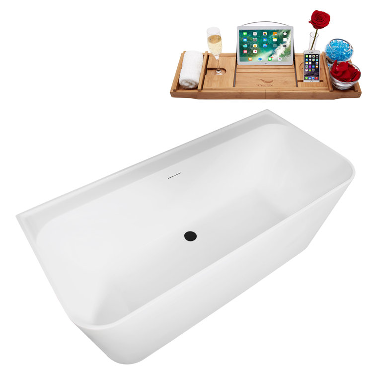 59" Glossy White Acrylic Freestanding Soaking Tub with Matte Black Trim