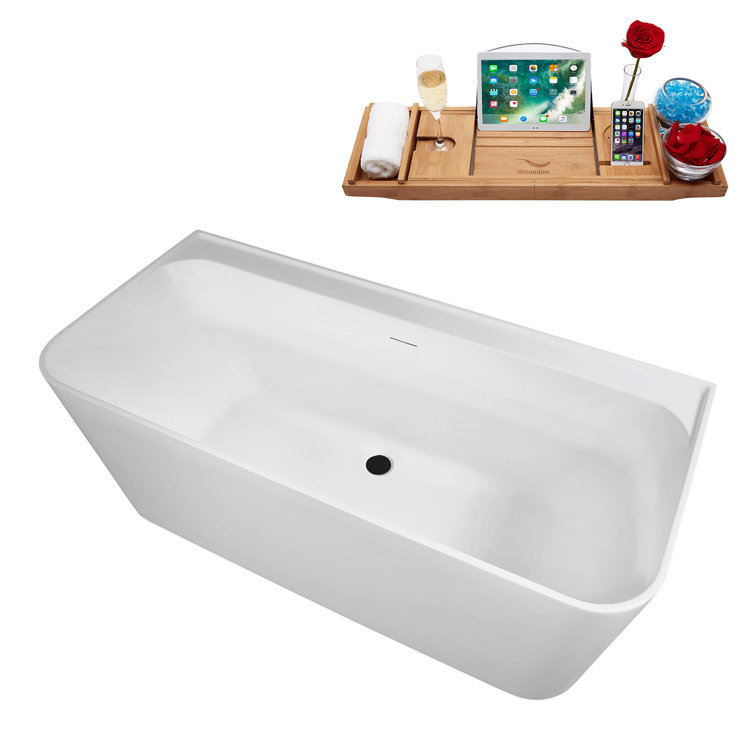 59" Glossy White Acrylic Freestanding Soaking Tub with Matte Black Trim