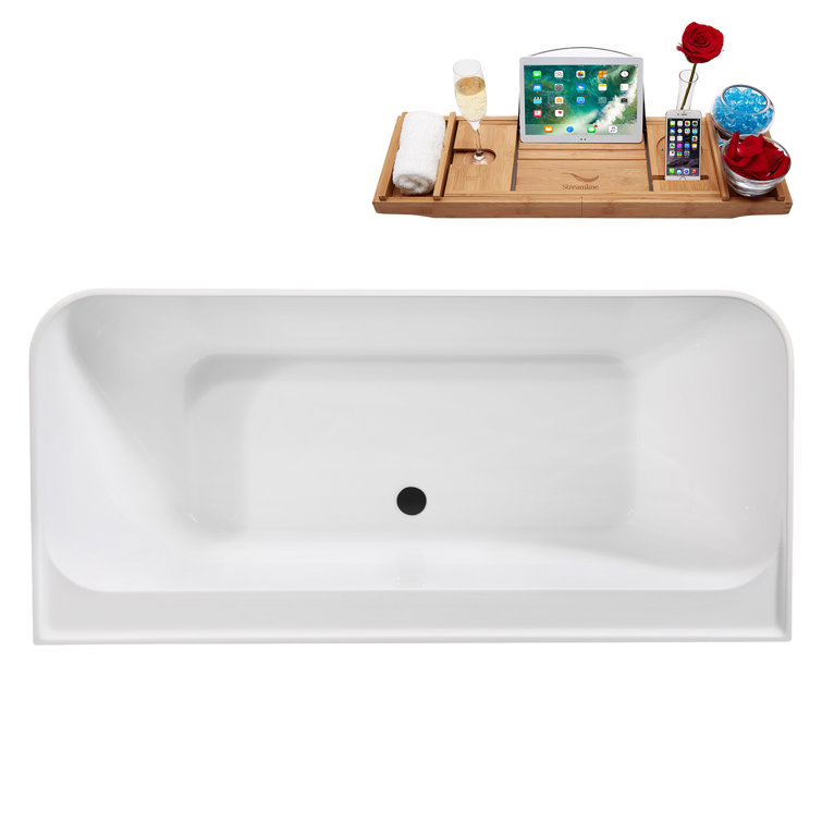 59" Glossy White Acrylic Freestanding Soaking Tub with Matte Black Trim