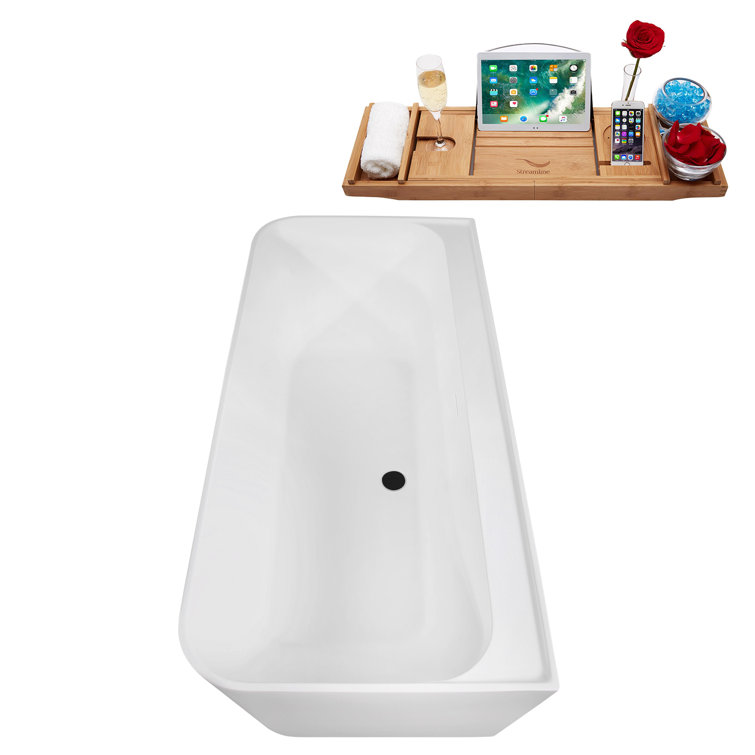 59" Glossy White Acrylic Freestanding Soaking Tub with Matte Black Trim
