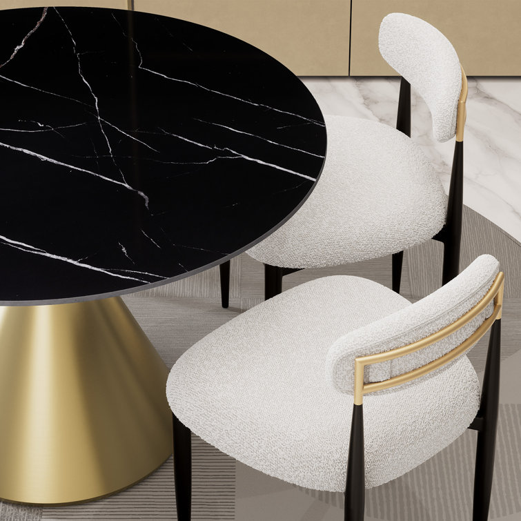 White Boucle Upholstered Side Chair with Black Metal Legs