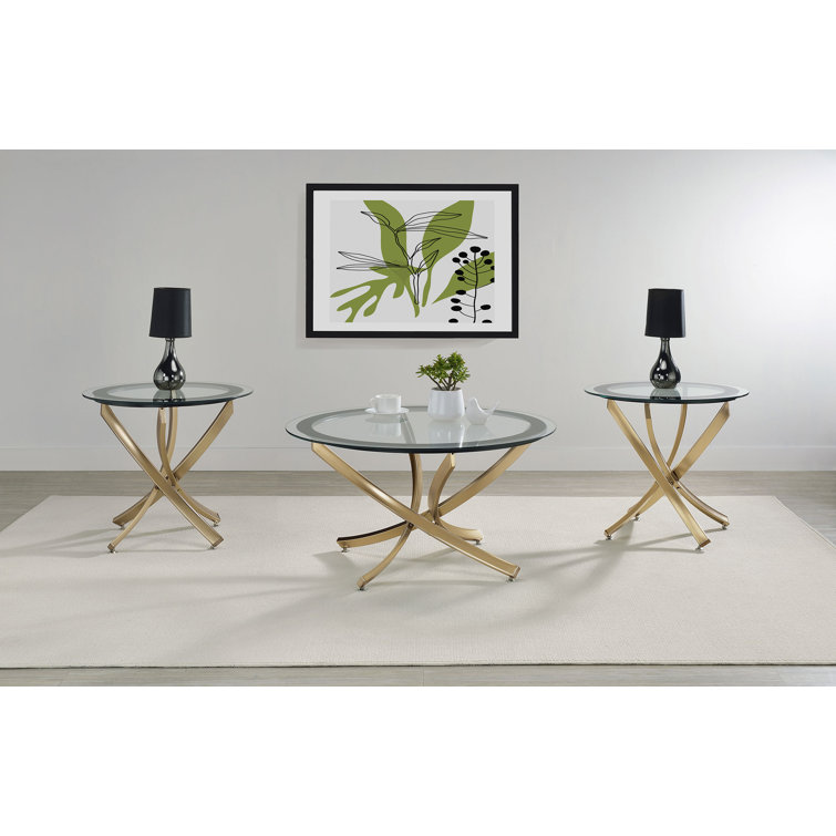Gold Round Metal and Glass End Table with Black Frame