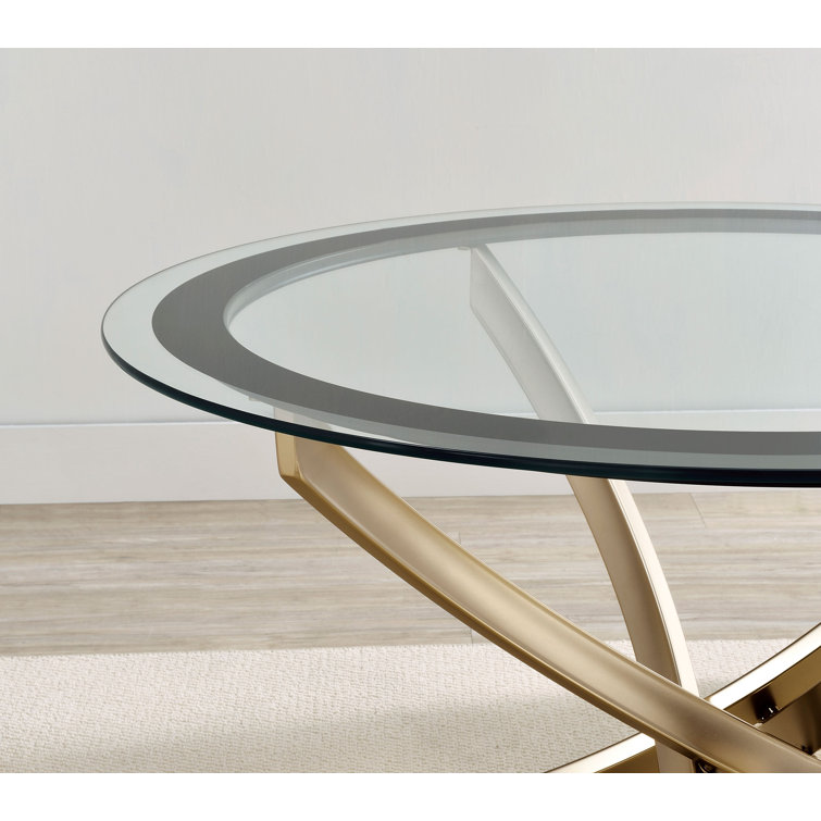 Gold Round Metal and Glass End Table with Black Frame