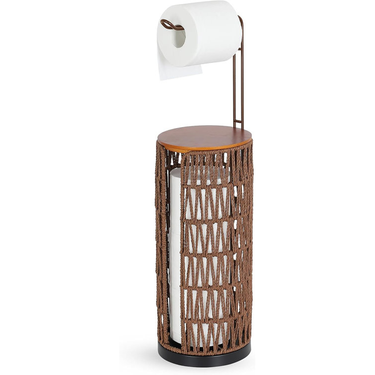 Brown Wicker Freestanding Toilet Paper Holder with Storage