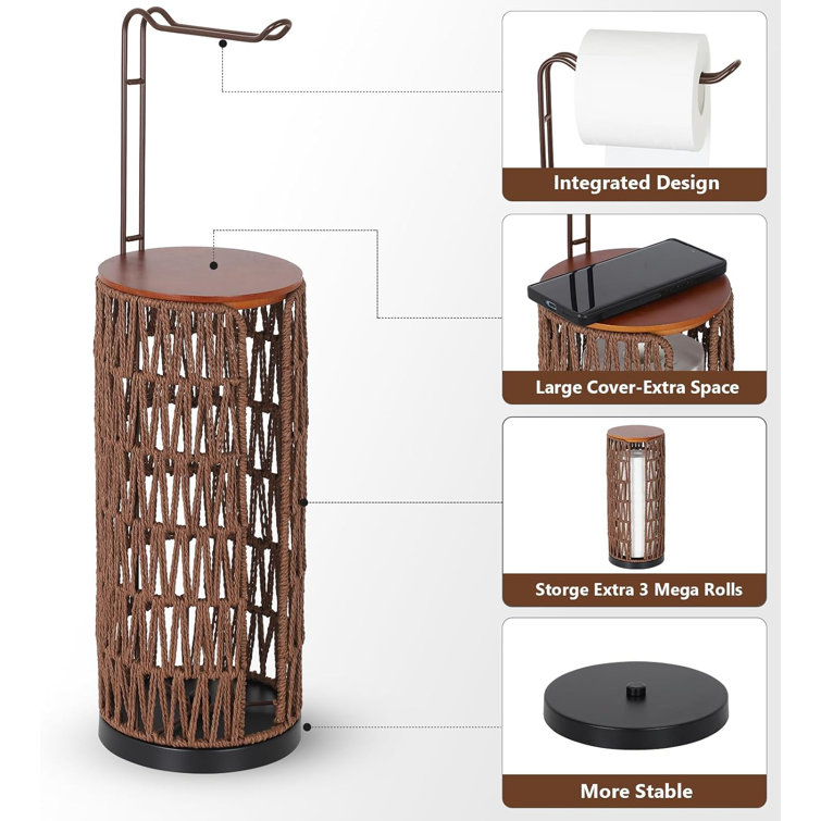 Brown Wicker Freestanding Toilet Paper Holder with Storage
