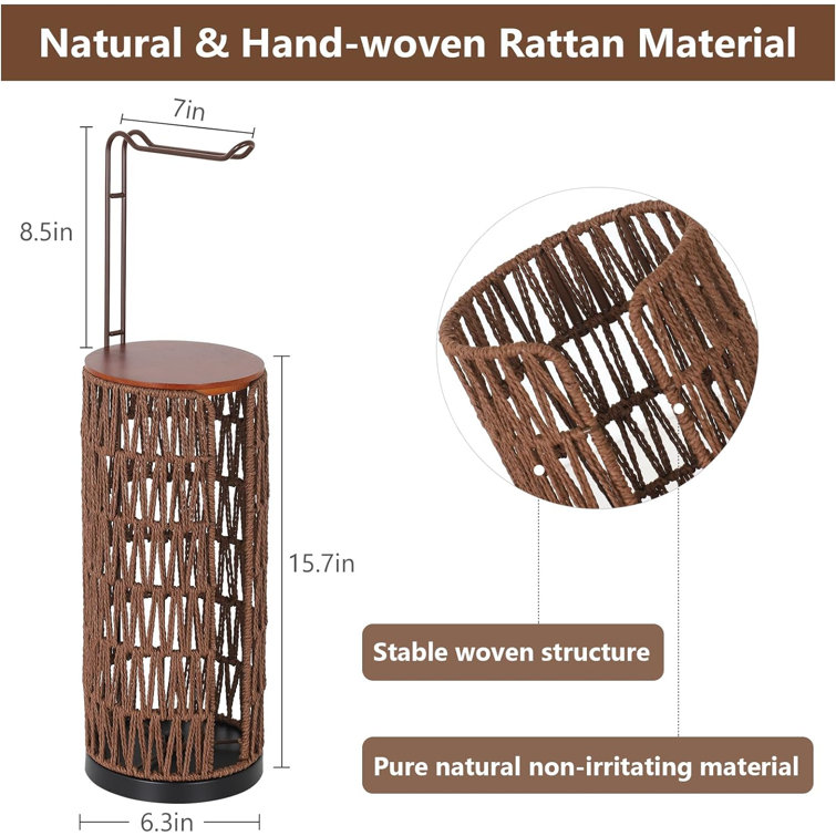 Brown Wicker Freestanding Toilet Paper Holder with Storage