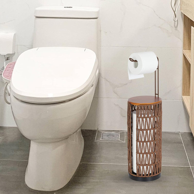 Brown Wicker Freestanding Toilet Paper Holder with Storage