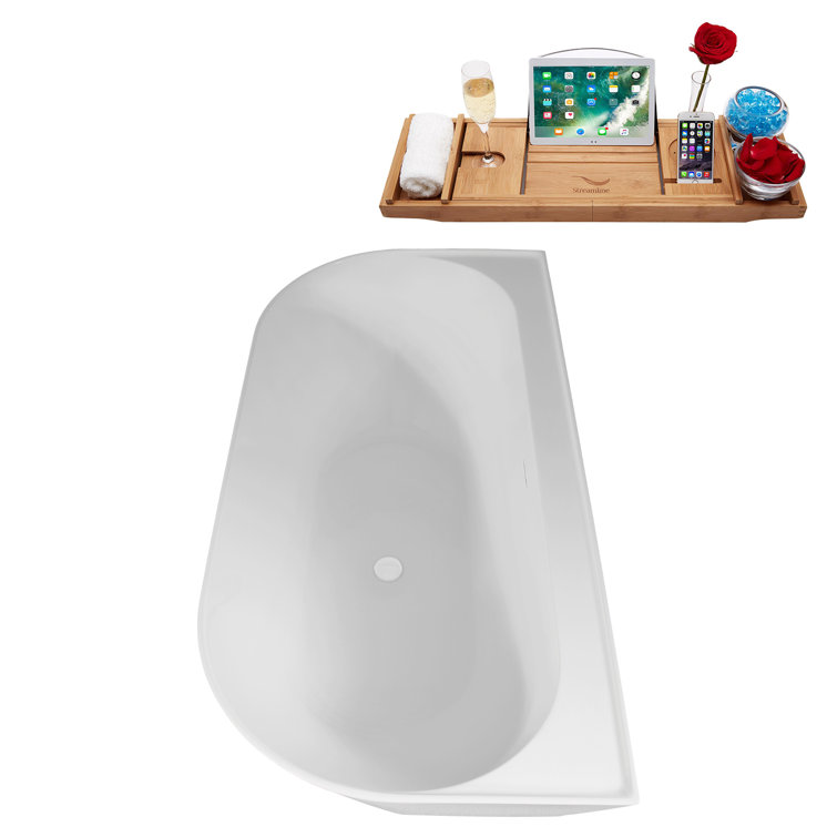 63" Glossy White Acrylic Freestanding Soaking Tub with Bamboo Tray