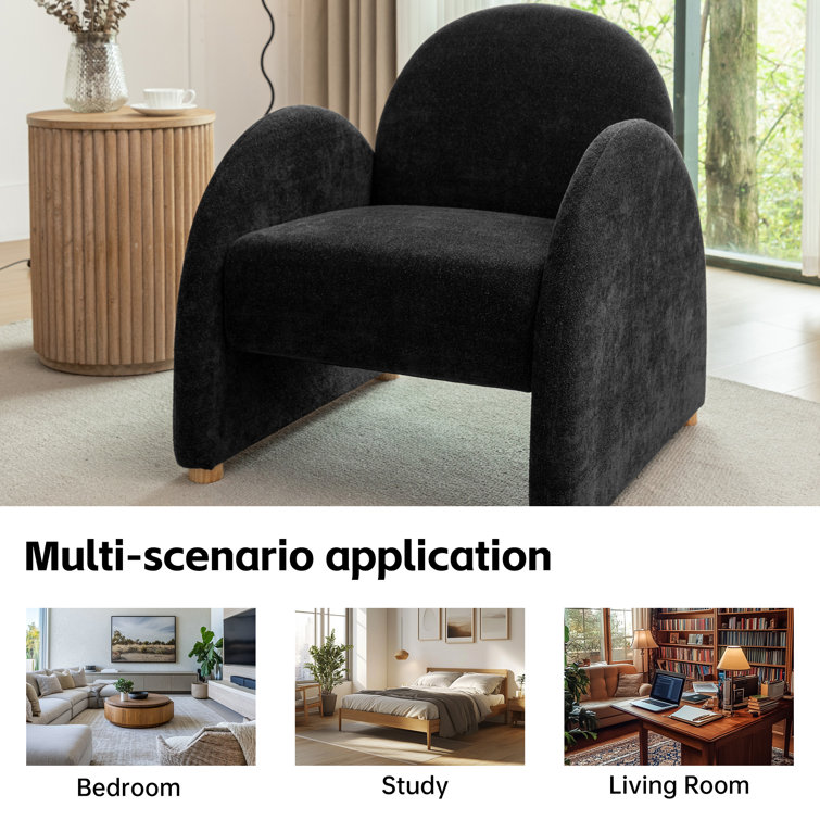 Black Boucle Fabric Armchair Set with Wood Legs
