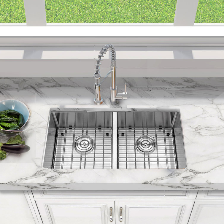 Pro Series 32'' Brushed Satin Stainless Steel Double Bowl Undermount Kitchen Sink