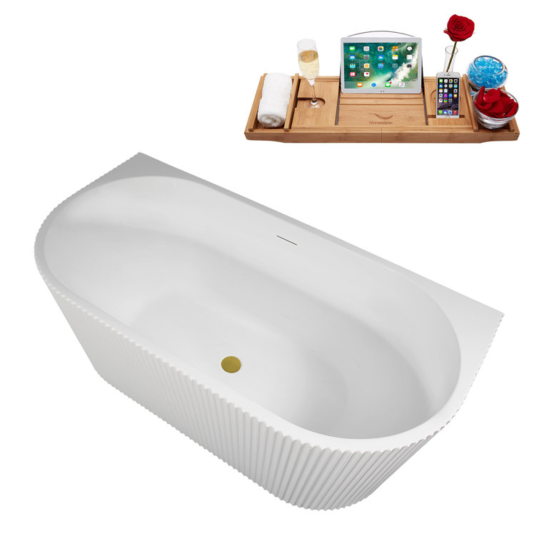 58.5" Glossy White Acrylic Freestanding Soaking Tub with Brushed Gold Trim