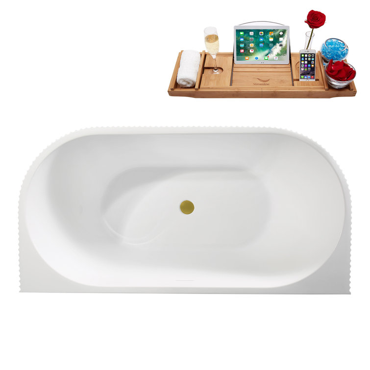 58.5" Glossy White Acrylic Freestanding Soaking Tub with Brushed Gold Trim