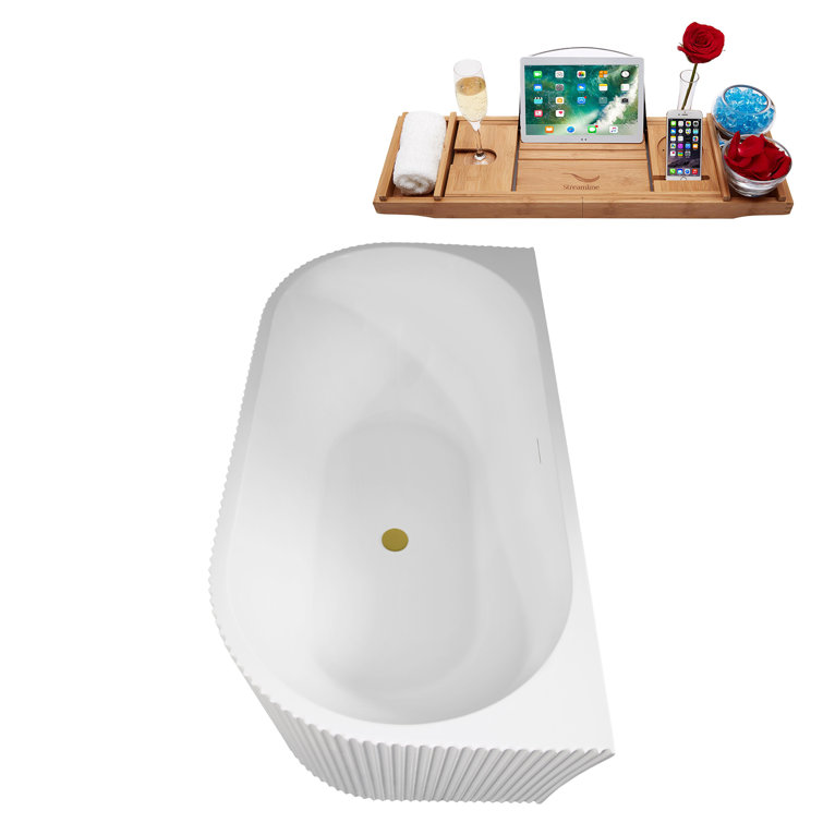58.5" Glossy White Acrylic Freestanding Soaking Tub with Brushed Gold Trim