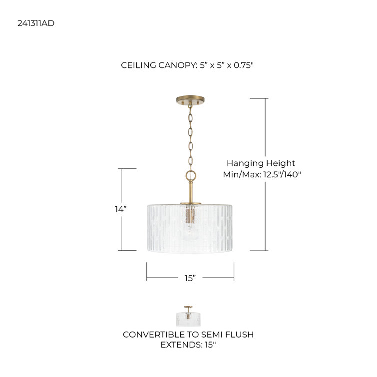 Emerson Aged Brass 1-Light Semi-Flush or Pendant with Embossed Seeded Glass