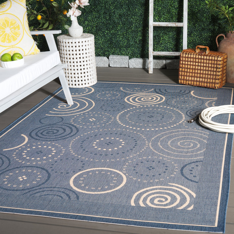 Rectangular 5' x 7' Blue and Natural Cotton Synthetic Rug