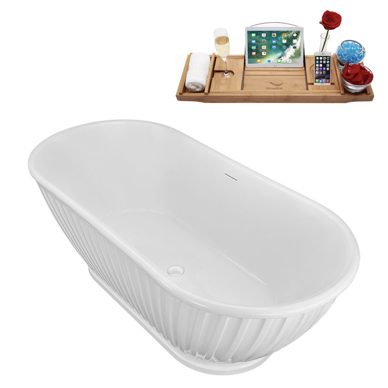 67" Glossy White Acrylic Freestanding Soaking Bathtub with Bamboo Tray