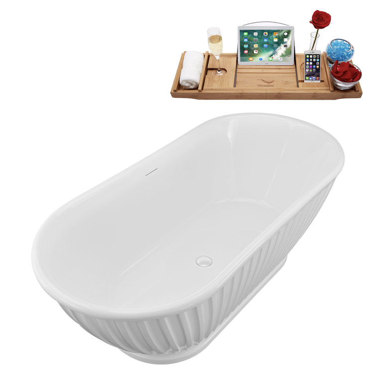 67" Glossy White Acrylic Freestanding Soaking Bathtub with Bamboo Tray