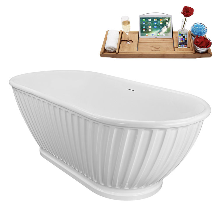 67" Glossy White Acrylic Freestanding Soaking Bathtub with Bamboo Tray