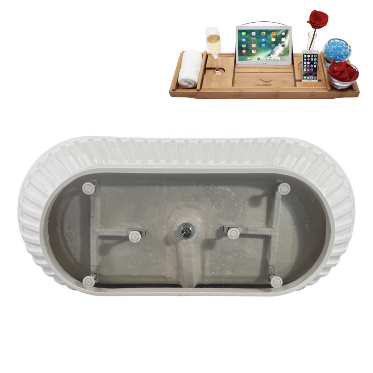 67" Glossy White Acrylic Freestanding Soaking Bathtub with Bamboo Tray