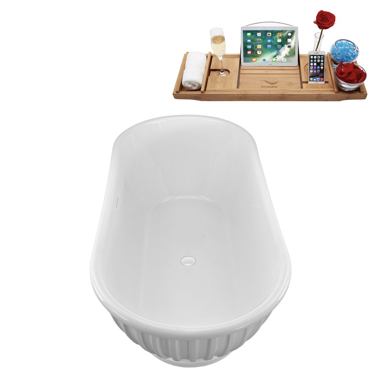 67" Glossy White Acrylic Freestanding Soaking Bathtub with Bamboo Tray