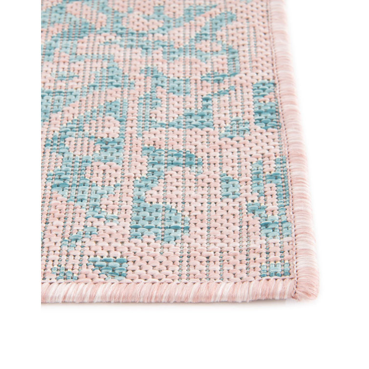 Pink and Aqua Rectangular Outdoor Synthetic Rug