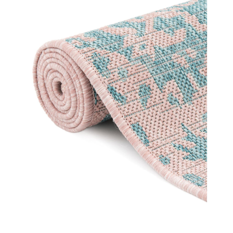 Pink and Aqua Rectangular Outdoor Synthetic Rug