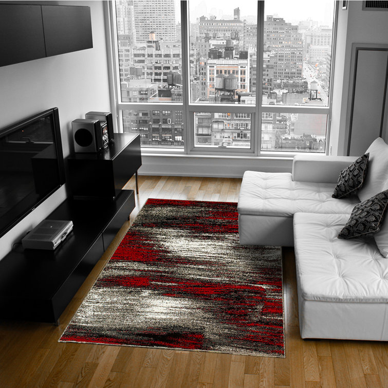 Red and Gray Abstract Stain-Resistant Synthetic Area Rug 5' x 7'