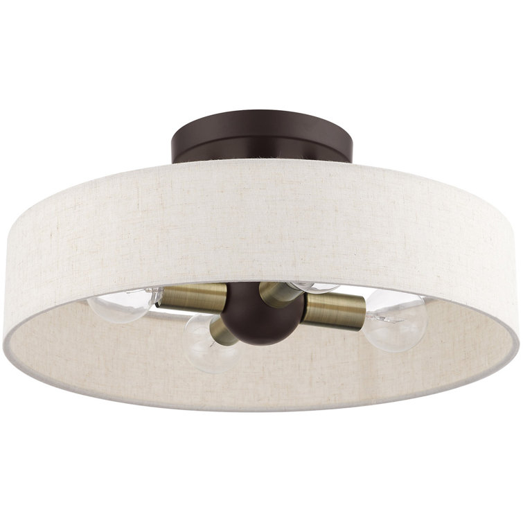 Bronze Antique Brass 4-Light Drum Semi-Flush Mount with Oatmeal Shade