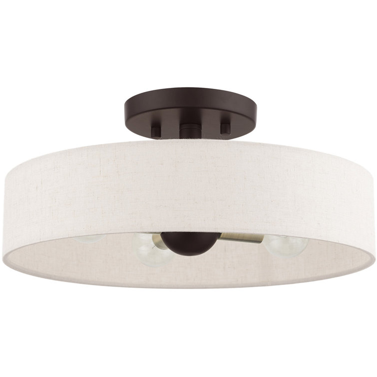 Bronze Antique Brass 4-Light Drum Semi-Flush Mount with Oatmeal Shade