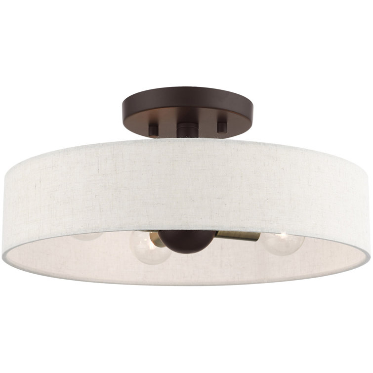 Bronze Antique Brass 4-Light Drum Semi-Flush Mount with Oatmeal Shade